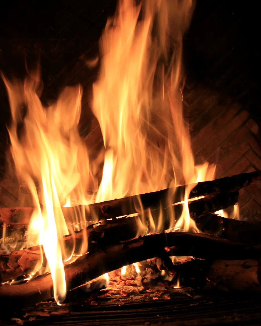 A wood fire burning against dark brick.