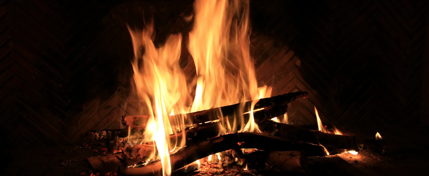 A wood fire burning against dark brick.